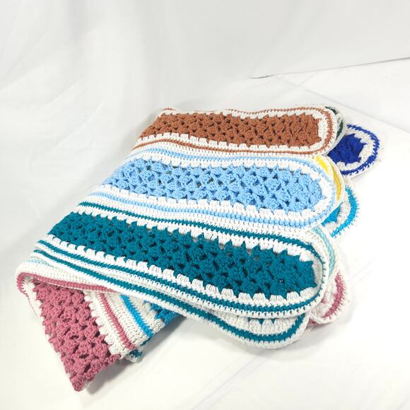 Vintage Handmade Afghan Blanket Crochet Knit Striped 50x66 White Multi - Picture 3 of 6